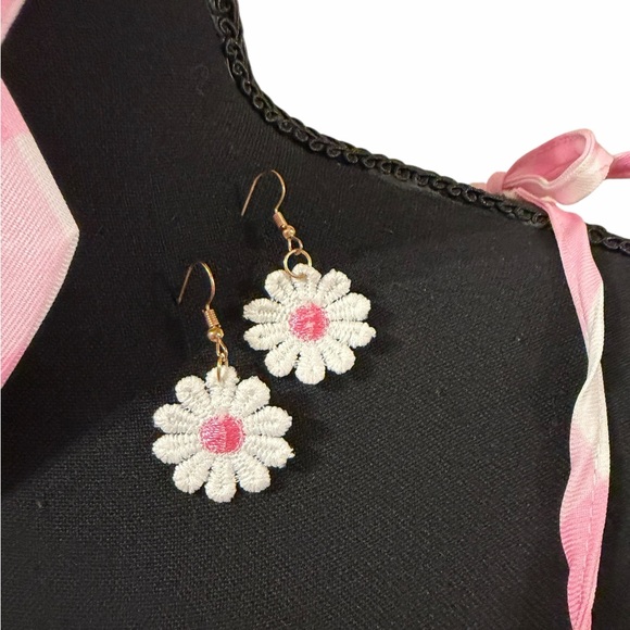 Pink & White Checkered Barbie Dress Costume with Bow Belt & Earrings size L - Picture 9 of 16